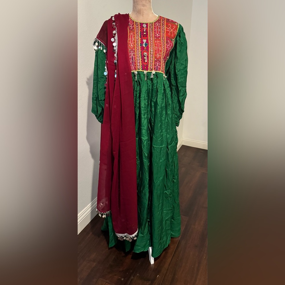 Elegant Green and Red  Afghan Traditional Dress